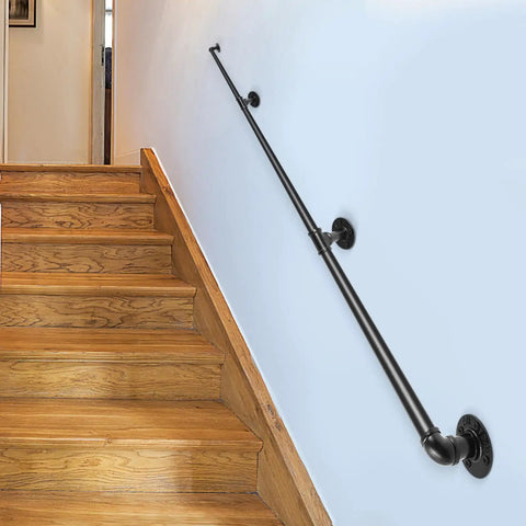 Industrial Beefy Pipe Stair Handrail System, 10 Ft Length, 3 Piece Carbon Steel Handrails, wall-mounted for safe steps