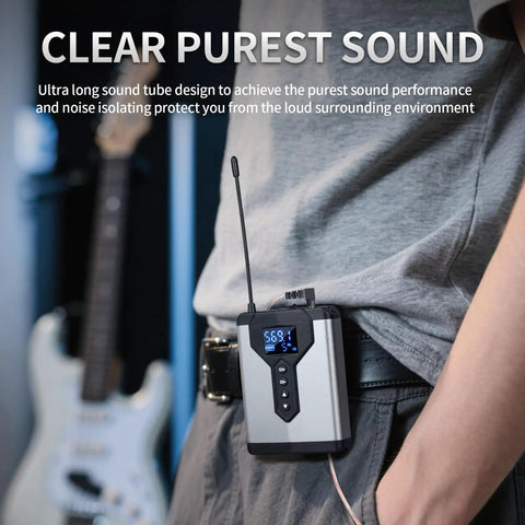 Person wearing Zero Latency Wireless In Ear Monitor System With Transmitter And Clip On Receivers For Studio Live Performance DJ And Guitar No Lag Real Time Monitoring With Ultra Low Latency Tech 4 Receivers And 1 Transmitter.