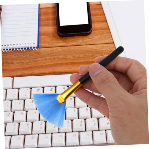 Twenty Piece Keyboard Cleaning Brush Set For Gaming Setup Electronics Soft Bristle Dust Removal Tool Sturdy Wood Handle Deep Clean Keycap Detailing Best For Home Office Tasks, blue bristles on white keyboard
