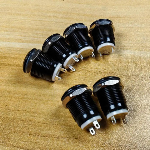6 Pack 12mm Momentary Push Button Switches Raised Head Cable Aluminum Alloy 1NO Waterproof IP65 12V 24V 36V 110V 250V No LED Black Shell for DIY Projects, Arcade Cabinets and Electronics. Six black 12mm momentary push button switches with threaded aluminum alloy bodies.