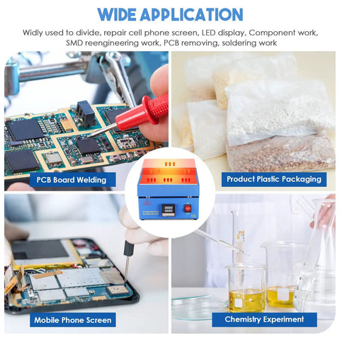 Wide application of Pro Grade 110V 850W Soldering Hot Plate Station in PCB welding, plastic packaging, phone repair, and chemistry.