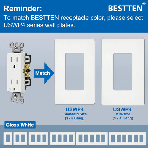 15 Amp Decor Outlet Tamper Resistant Electrical Wall Receptacle 15A 125V 1875W White Gloss Finish UL Listed wall plate size options