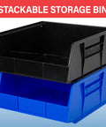 Stackable Plastic Storage Bins Set for Garage Pantry and Craft Organization, Space Saving Durable Organizer Bins, black and blue bins