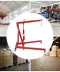 Straight Up Heavy Duty Hydraulic Engine Hoist And Cherry Picker, red carbon steel shop crane with swivel wheels in garage.