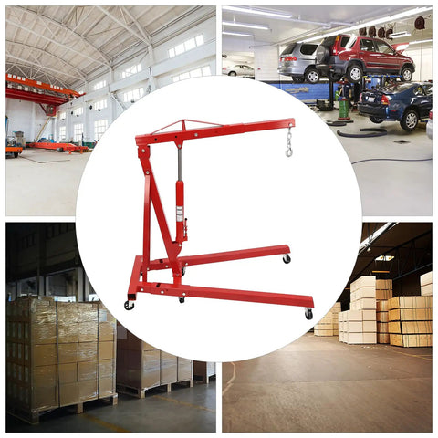 Straight Up Heavy Duty Hydraulic Engine Hoist And Cherry Picker, red carbon steel shop crane with swivel wheels in garage.