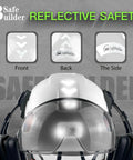 Construction Safety Helmet With Clear And Tinted Visors Earmuffs Hearing Protection White Industrial Hard Hat For Engineers 6 Point Suspension Adjustable Fit 53 To 63 Cm Comfortable Headgear For Tough Jobs front view with reflective safety features.