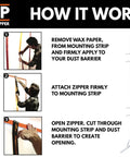 Reusable Dust Barrier Zipper Pro Bundle instructions showing zipper application and mounting strips usage for room setup.