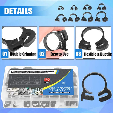 Heavy Duty Nylon Hose Clamp Set With Double Gripping Design 48Pcs Eight Size Plastic Snap Ratcheting Clamps shown in kit