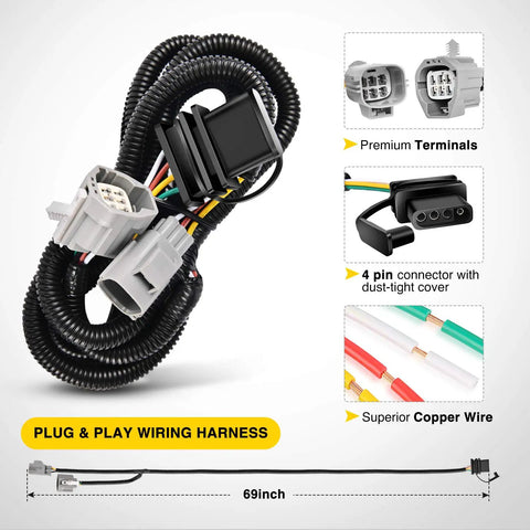 2 Inch Rear Hitch Receiver Kit For 2007 To 2018 Jeep Wrangler JK 4 Pin Wiring Harness shown with copper wire and terminals