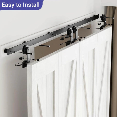 Bi Folding Sliding Barn Door Hardware Kit For Four Doors With Top Mount Track in black finish, installed on white doors