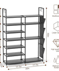 7 Tier Metal Shoe Rack Organizer With Side Pockets And Hooks For Entryway Closet Bedroom And Garage, front view