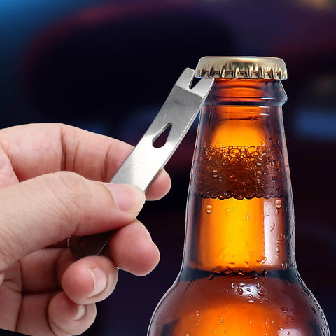 Using a small stainless steel pry bar to open a bottle, part of the Four Pack Handy Compact Mini Pry Bar Set For Everyday Carry, Pocket