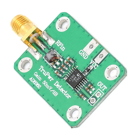 RF Detector Module AD8362 50Hz-3.8GHz wideband RF power monitor green PCB mount with screw connector, top view.