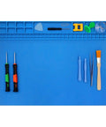 Heat Resistant Soldering Mat Silicone Repair Pad 932F 16x12 Inch Blue Workbench Pad For Cellphone Computer And PCB Electronics Soldering Station Iron Gun Keeps Tiny Parts Organized Like A Pro showing compartments and tools neatly arranged