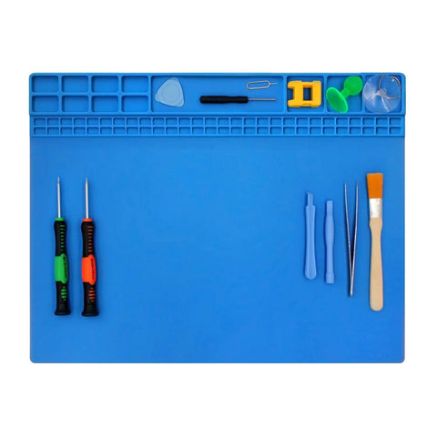 Heat Resistant Soldering Mat Silicone Repair Pad 932F 16x12 Inch Blue Workbench Pad For Cellphone Computer And PCB Electronics Soldering Station Iron Gun Keeps Tiny Parts Organized Like A Pro showing compartments and tools neatly arranged
