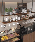 Industrial Dope Two Tier Ceiling Mount Wine Rack With Glass Holders For Home Bar Or Restaurant, Iron and Wood Display Shelf