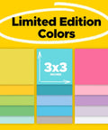Ultra Sticky 3x3 Notes Pack, 15 Pads With 45 Sheets Each, assorted limited edition colors shown in detailed cards