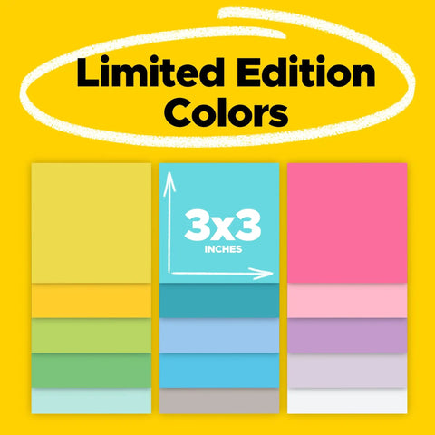 Ultra Sticky 3x3 Notes Pack, 15 Pads With 45 Sheets Each, assorted limited edition colors shown in detailed cards