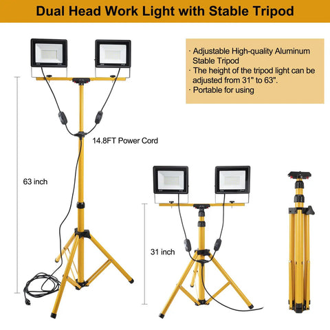 Ultra Bright 10000 Lumen Dual Head LED Work Light With 14 Ft Power Cord 6000K Daylight White IP66 Waterproof Adjustable Metal Tripod Up To 63 Inches For Indoor Outdoor Jobs shown fully extended and collapsed with details on height and portability.