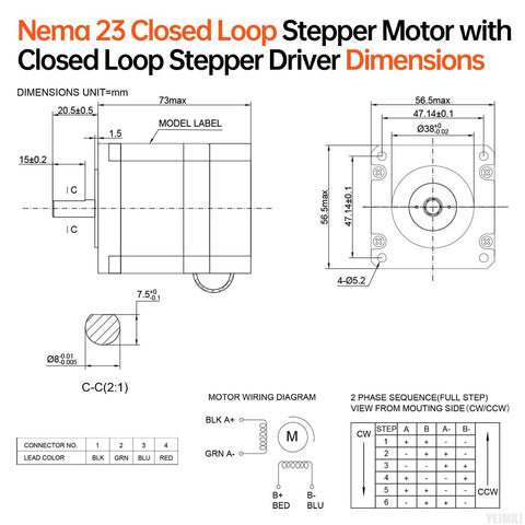 Nema 23 closed-loop stepper motor with integrated driver; dimensioned engineering drawing showing mounting holes and wiring.