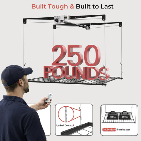 Game Changing Motorized Garage Ceiling Storage Rack With Remote Control 4 By 4 Ft Overhead Lift System Offering Hella Durable Space Saving Hanging Shelves No Sweat Setup For Up To 250 Lbs Capacity Equipment