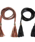 Braided Tassel Rope Belt For Women In PU Leather, Adjustable Tie Belt In Black And Brown, Long Elastic Belt With Tassels, Chic Everyday Accessory For Dresses, Jeans, And Coats.