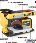 Pro Grade Belt And Disc Sander Combo With 4x36 Inch Belt And 6 Inch Disc, 3/4 HP Motor, showing labels and features.