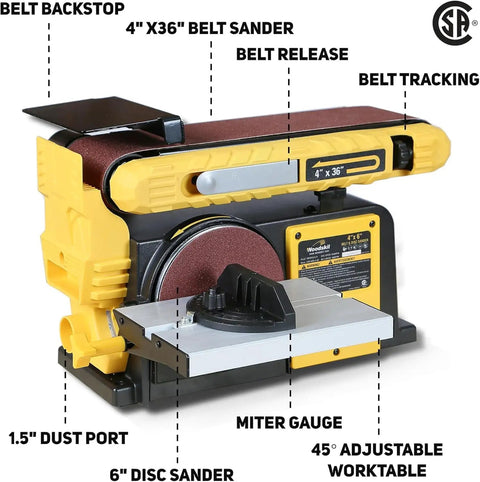 Pro Grade Belt And Disc Sander Combo With 4x36 Inch Belt And 6 Inch Disc, 3/4 HP Motor, showing labels and features.