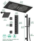 Top Tier Bluetooth Shower Head With 63 Custom Spray Modes And Precision Knob Controls Featuring Color Changing Led Lights And Rainfall Body Spray For A Straight Up Bathroom Glow Up In Matte Black, dimensions and design elements displayed.