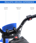 Handlebars of 12V Kids Motorcycle with Treaded Tires and Soft Start, showing controls for realistic driving experience