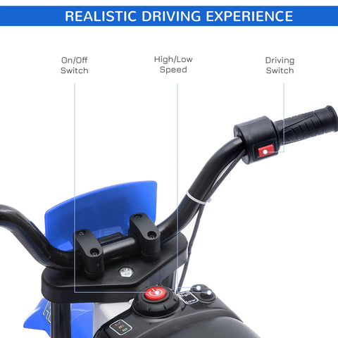 Handlebars of 12V Kids Motorcycle with Treaded Tires and Soft Start, showing controls for realistic driving experience
