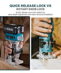 Cordless Twenty One Volt Brushless Palm Wood Router With Four Amp Hour Battery in use for precise woodworking on small projects