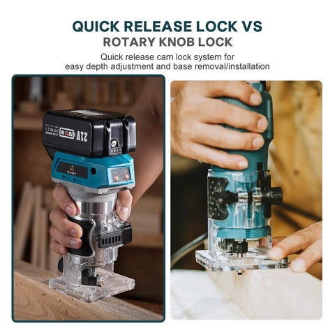 Cordless Twenty One Volt Brushless Palm Wood Router With Four Amp Hour Battery in use for precise woodworking on small projects