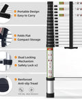 Telescoping Aluminum Ladder For RV And Attic 20.3 Ft Extension With Dual Locking System 330 Lb Load Ultra Compact Space Saving Foldable Design For Roofs Home Travel Trailer And Multi Surface Use, folded flat with carrying strap