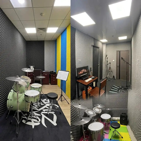 High Density Soundproof Foam Panels With Hella Strong Self Adhesive Backing For Zero Drama Home Studio Acoustic Dampening Treatment Tiles Full Surface Matte Black in a home studio with drum set and computer setup