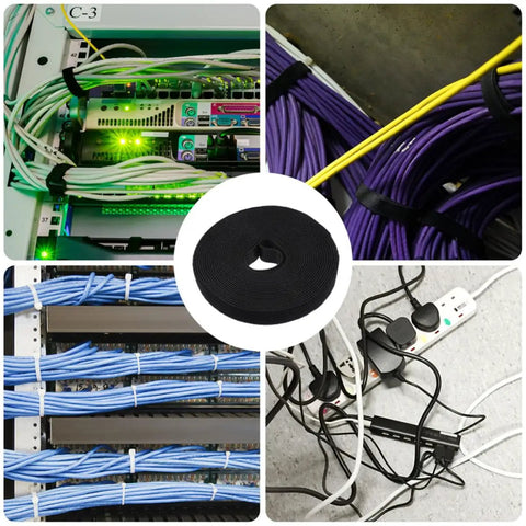 Reusable Black Cord Straps For Zero Fuss Cable Management And Electrical Wiring Featuring Heavy Duty Self Adhesive Backing being used on various cables.