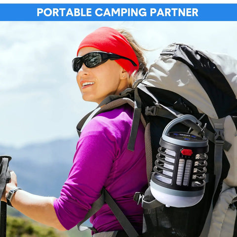 Hiker carrying Two Pack 3 In 1 Bug Zapper With USB Rechargeable Battery Waterproof Mosquito Killer Outdoor Indoor LED Lantern on backpack
