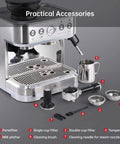 Top Shelf Espresso Machine With Built In Grinder And 15 Bar Pressure Hella Smooth Milk Frother for Fresh Brewed Lattes and Cappuccinos accessories like portafilter, milk pitcher, and cleaning brush.