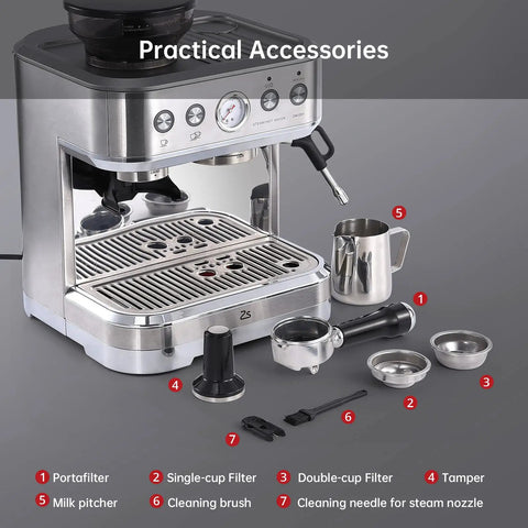 Top Shelf Espresso Machine With Built In Grinder And 15 Bar Pressure Hella Smooth Milk Frother for Fresh Brewed Lattes and Cappuccinos accessories like portafilter, milk pitcher, and cleaning brush.