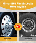 Before and after image showing rusted wheel versus polished 33mm Chrome Axle Cover Kit with thread-on lug nut covers.