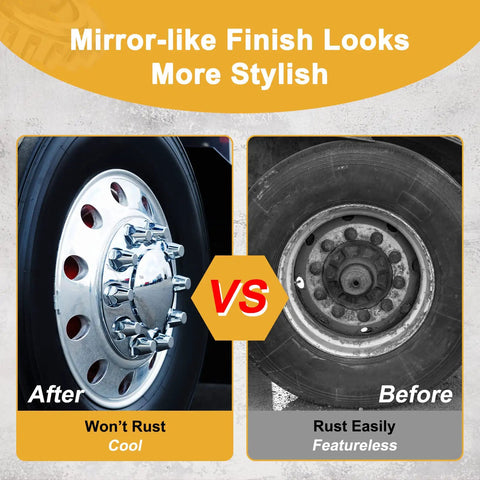 Before and after image showing rusted wheel versus polished 33mm Chrome Axle Cover Kit with thread-on lug nut covers.