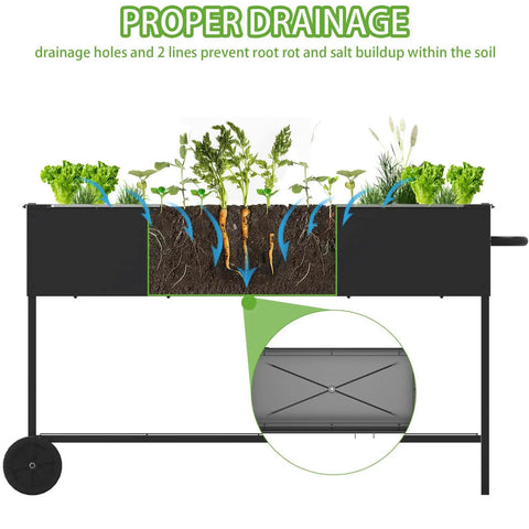 Elevated Garden Bed With Legs And Storage Shelf, Mobile Planter Box For Outdoor Plants, Heavy Duty Metal Raised Garden Bed For Backyard Or Balcony, Anti Rust Coating, Black, 51 By 26 By 31.5 Inches showing proper drainage system.