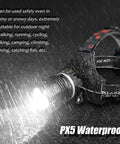 Rechargeable LED Headlamp With Ultra Bright 120000 Lumens, 9000mAh Battery, Motion Sensor in heavy rain showcasing waterproof design