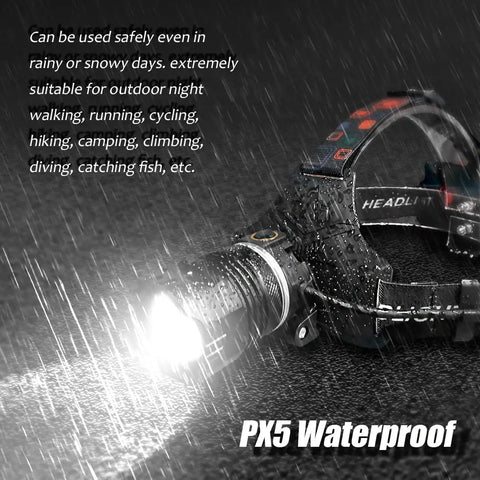 Rechargeable LED Headlamp With Ultra Bright 120000 Lumens, 9000mAh Battery, Motion Sensor in heavy rain showcasing waterproof design