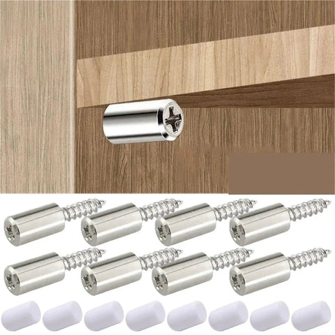 Bullyproof Self Tapping Screws For Cabinet Laminate Support And Wardrobe Partitions Non Slip Glass Shelf Brackets Set of 200, showcasing screws mounted in wood.