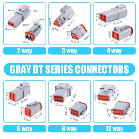 DT Series 685 Piece Connector Kit With 2 3 4 6 8 12 Pin Gray Housings shown with dimensions