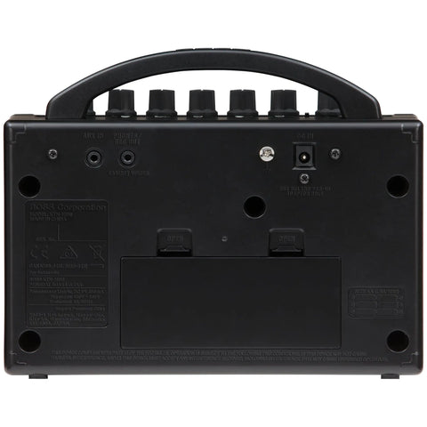 Rear view of Katana Mini 7-Watt Practice Guitar Amp With Rich Analog Tone, Three Amp Types Brown Crunch Clean, Aux Input visible.