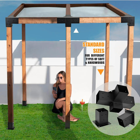 Wood pergola with Beefed-Up Pergola Bracket Set For 4x4 Posts, showing durable metal brackets with 3.5x3.5 inch openings.