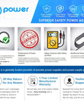 Diagram showcasing features of T-Power safety power adapter, highlighting protection features and warranty details.