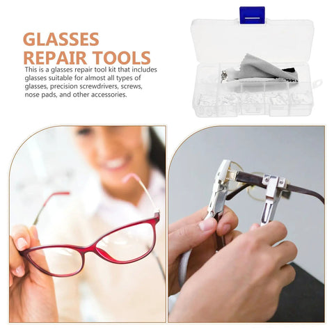 Eyeglass Repair Kit With 99 Screws And Nose Pad Set, Precision Screwdrivers For Glasses And Sunglasses, Anti Skid Nose Pads, Cleaning Cloth Included, DIY Eyewear Maintenance Kit For Quick On The Go Fixes displayed with tools and glasses.